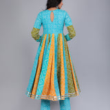 Multi-Tone Turquoise Bandhani Printed Cotton Anarkali Set