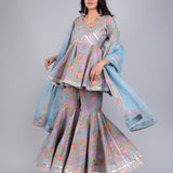 Powder Blue Floral Peplum Sharara Indo Western Set
