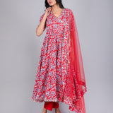 Crimson Red Floral Angrakha Cotton Anarkali Set