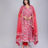 Crimson Red Floral Angrakha Cotton Anarkali Set