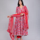 Crimson Red Floral Angrakha Cotton Anarkali Set
