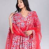 Crimson Red Floral Angrakha Cotton Anarkali Set