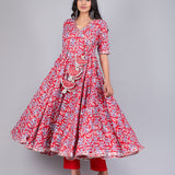 Crimson Red Floral Angrakha Cotton Anarkali Set
