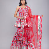 Title: Red Leaf Printed Peplum Sharara Indo Western Set