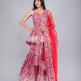Title: Red Leaf Printed Peplum Sharara Indo Western Set