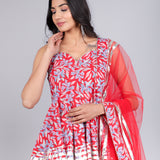 Title: Red Leaf Printed Peplum Sharara Indo Western Set