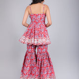 Title: Red Leaf Printed Peplum Sharara Indo Western Set