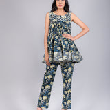 Teal & Yellow Chevron Printed Peplum Sharara Indo Western Set