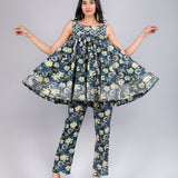 Teal & Yellow Chevron Printed Peplum Sharara Indo Western Set