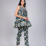 Teal & Yellow Chevron Printed Peplum Sharara Indo Western Set