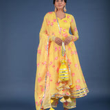 Sunshine Yellow Lotus Printed Georgette Anarkali Set