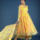 Sunshine Yellow Lotus Printed Georgette Anarkali Set