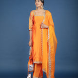 Bright Orange Square-Neck Organza Tissue Salwar Set