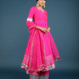 Hot Pink Silver Zari Anarkali Set