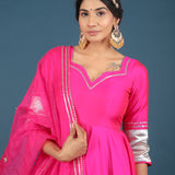 Hot Pink Silver Zari Anarkali Set