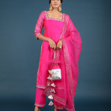 Magenta Pink Metallic Border Organza Tissue Kurti Set
