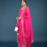 Magenta Pink Metallic Border Organza Tissue Kurti Set