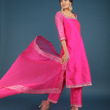 Magenta Pink Metallic Border Organza Tissue Kurti Set