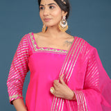 Magenta Pink Metallic Border Organza Tissue Kurti Set