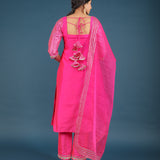 Magenta Pink Metallic Border Organza Tissue Kurti Set