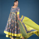 Peacock Blue All-Over Printed Cotton Anarkali Set