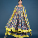 Peacock Blue All-Over Printed Cotton Anarkali Set