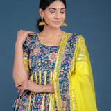 Peacock Blue All-Over Printed Cotton Anarkali Set