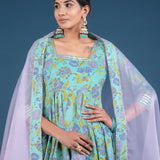 Sky Blue Lavender Floral Print Anarkali Set