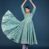 Sky Blue Lavender Floral Print Anarkali Set