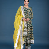 Forest Green Floral Print Anarkali Set