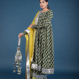 Forest Green Floral Print Anarkali Set