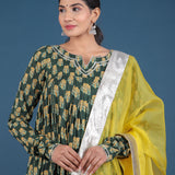 Forest Green Floral Print Anarkali Set