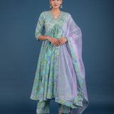 Turquoise Lavender Floral Print Anarkali Set