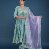 Turquoise Lavender Floral Print Anarkali Set