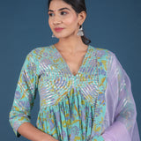 Turquoise Lavender Floral Print Anarkali Set