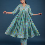Turquoise Lavender Floral Print Anarkali Set