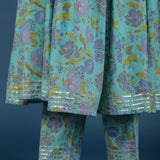 Turquoise Lavender Floral Print Anarkali Set