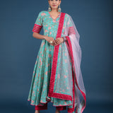 Teal Green Floral Angrakha Cotton Anarkali Set