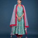 Teal Green Floral Angrakha Cotton Anarkali Set