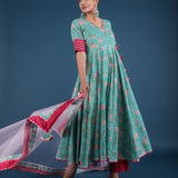 Teal Green Floral Angrakha Cotton Anarkali Set