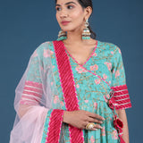Teal Green Floral Angrakha Cotton Anarkali Set