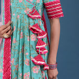 Teal Green Floral Angrakha Cotton Anarkali Set
