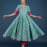 Teal Green Floral Angrakha Cotton Anarkali Set