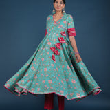 Teal Green Floral Angrakha Cotton Anarkali Set