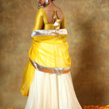 Mustard Yellow Blouse Lehenga With Ivory Skirt And Silver Border