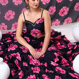 Jet Black Floral Printed Organza Tiered Lehenga Set