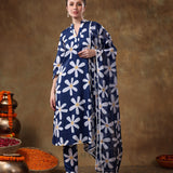 Midnight Blue Daisy Printed Georgette Salwar Set With Delicate Pearl Lace