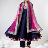 Navy Blue Cotton Anarkali Set With Scalloped Gold Hem