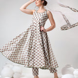 Ivory Floral Printed Cotton Anarkali Set With Olive Trim