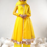 Sunshine Yellow Cotton Anarkali Set With Metalli Border